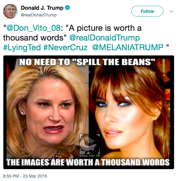 Insulting Tweet from Trump showing ugly photo of Ted Cruz's wife and flattering photo of Trump's wife